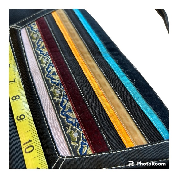 Retro 60's style Black Shoulder Bag With Multicolored Fabric Tapestry Accents - Picture 5 of 11